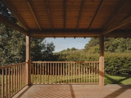 Veranda - structure, boards, sheathing in Douglas Fir with the balustrade in oak Alexander Hills Architects
