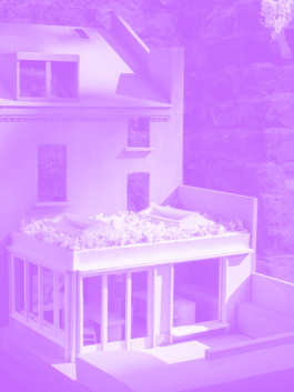 A view of the model of the rear extension described in timber with a zinc crown and green roof Alexander Hills Architects