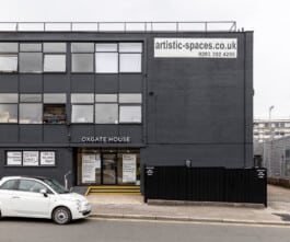 Front elevation street Oxgate House, building entrance Alexander Hills Architects